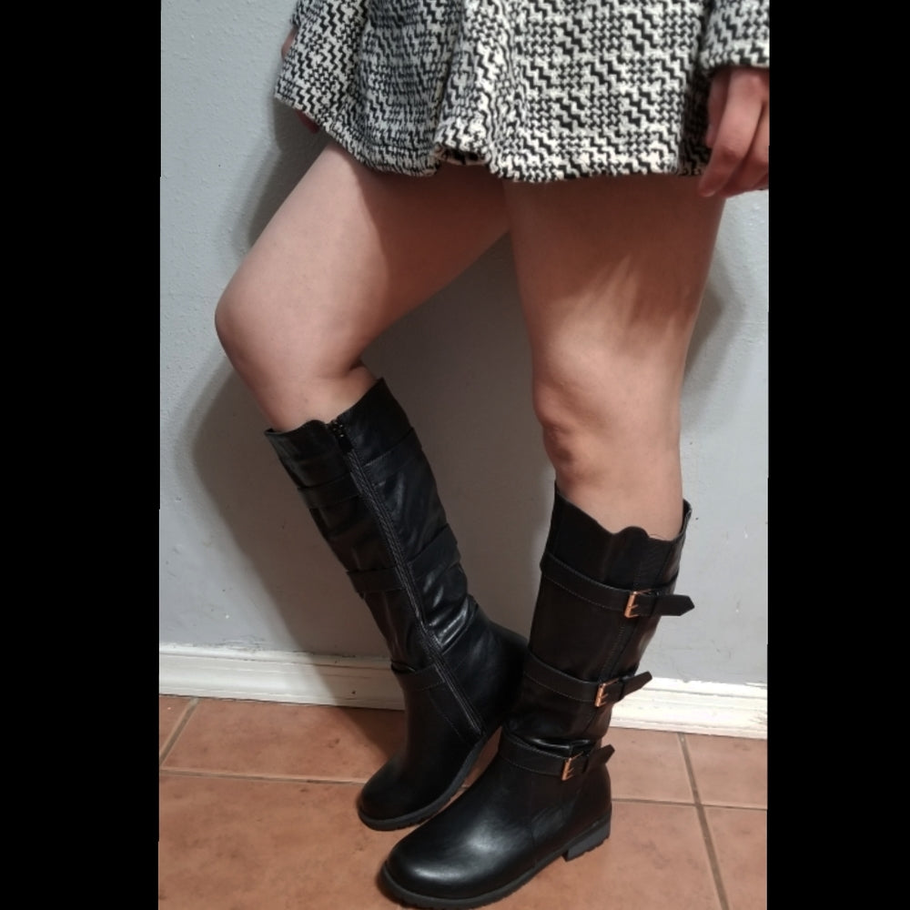 Alexa Buckle Knee High Motorcycle  Boots