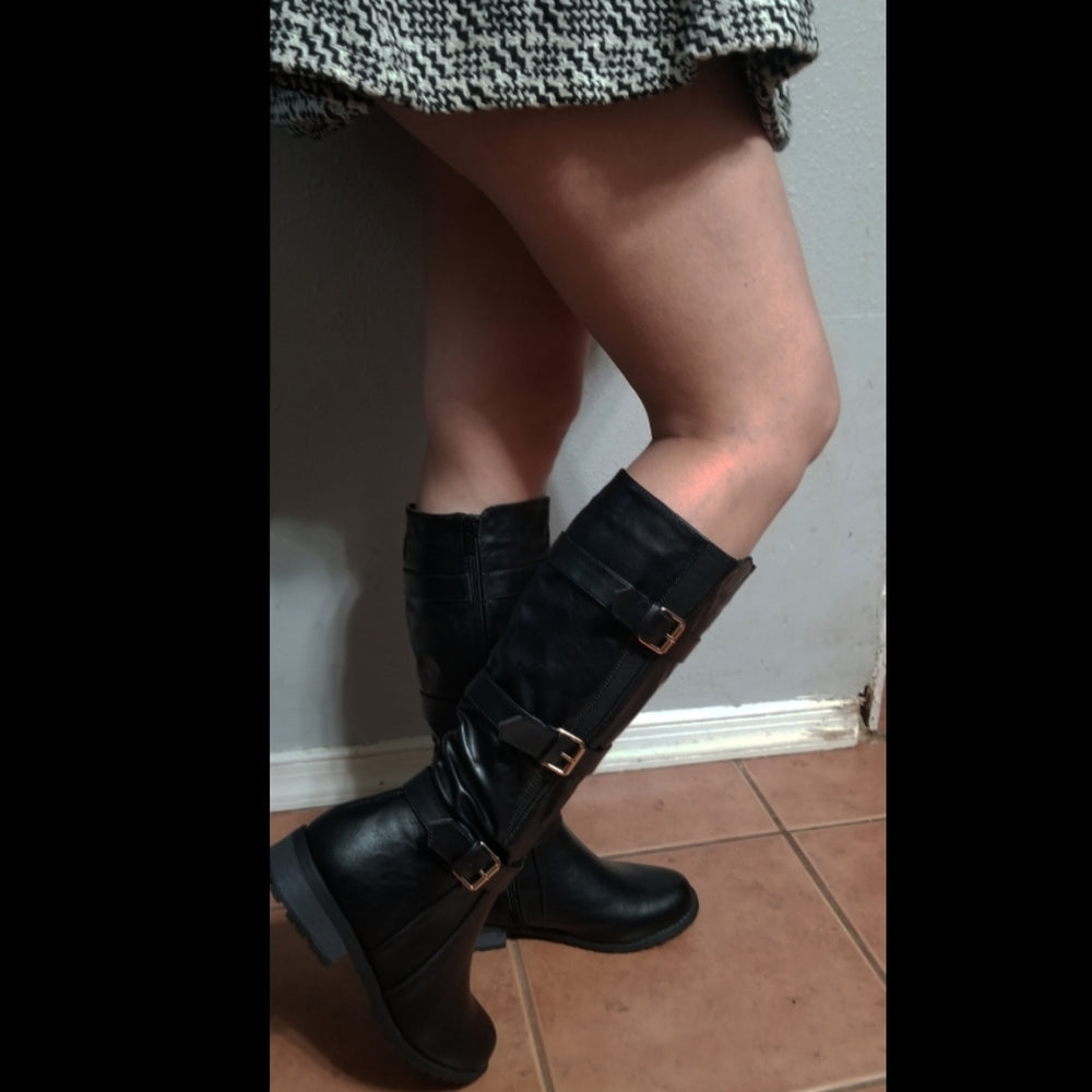 Alexa Buckle Knee High Motorcycle  Boots