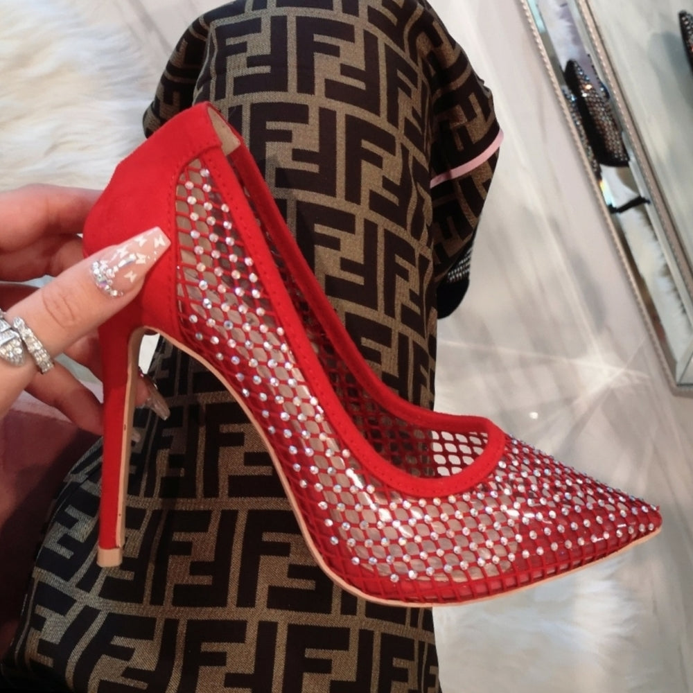 🍒last 7.5 🍓 Red  Sexy Fishnet pointed Heel