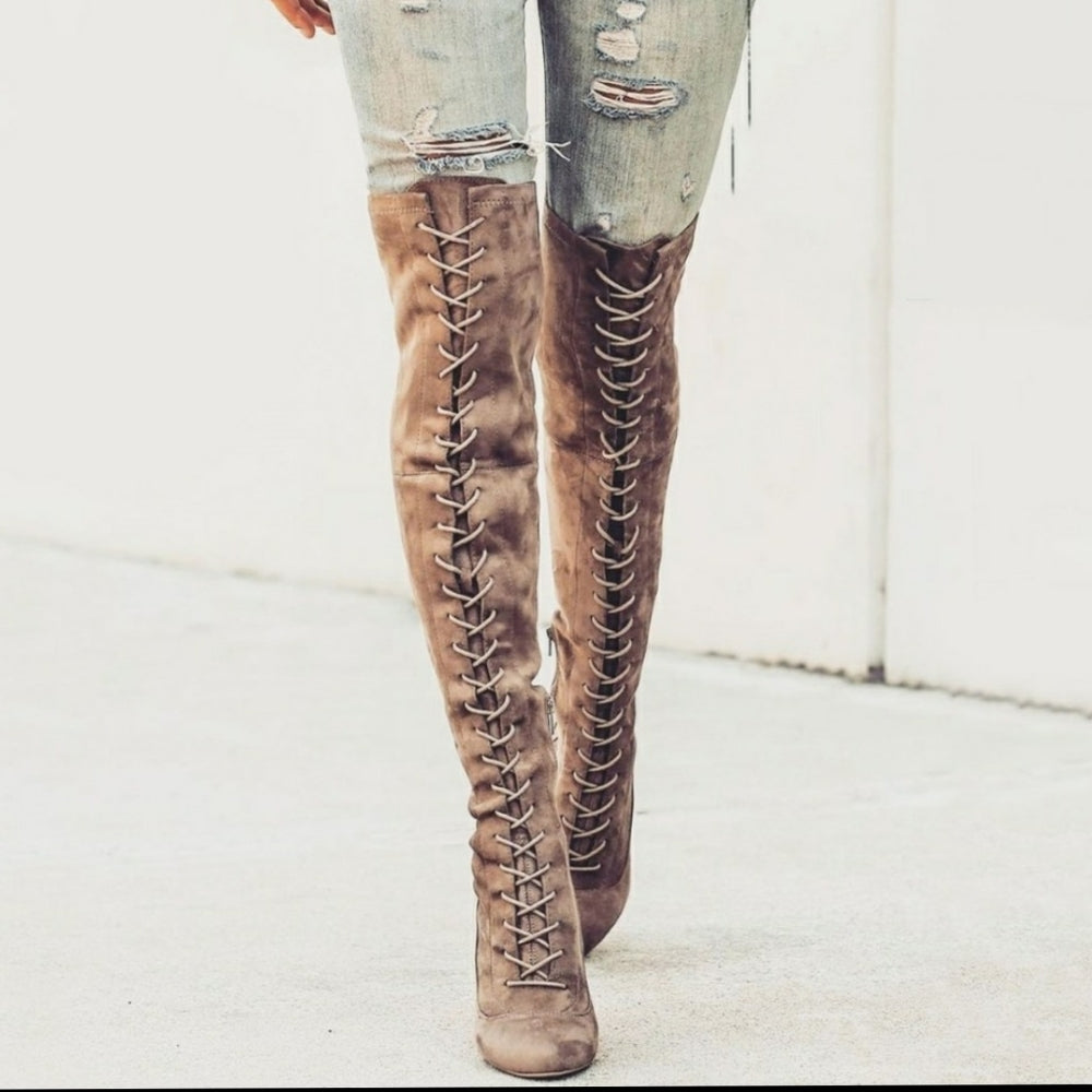 Taupe Faux Suede Chunky Lace Up Thigh High Boots