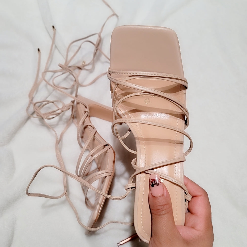 Square Toe Strappy Lace Up Mid Heel Sandal in Nude