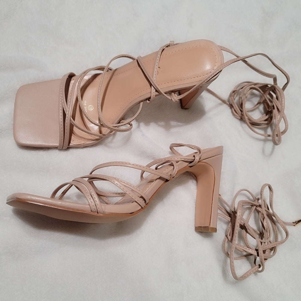 Square Toe Strappy Lace Up Mid Heel Sandal in Nude