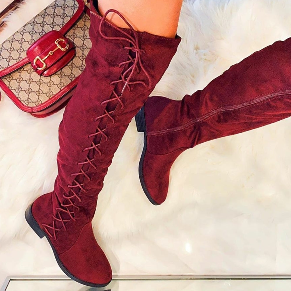 Burgandy Vegan Suede boots over knee