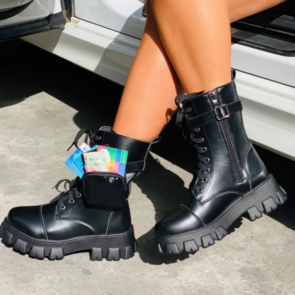 Last 9 💣BLACK SIDE POUCH COMBAT BOOTS