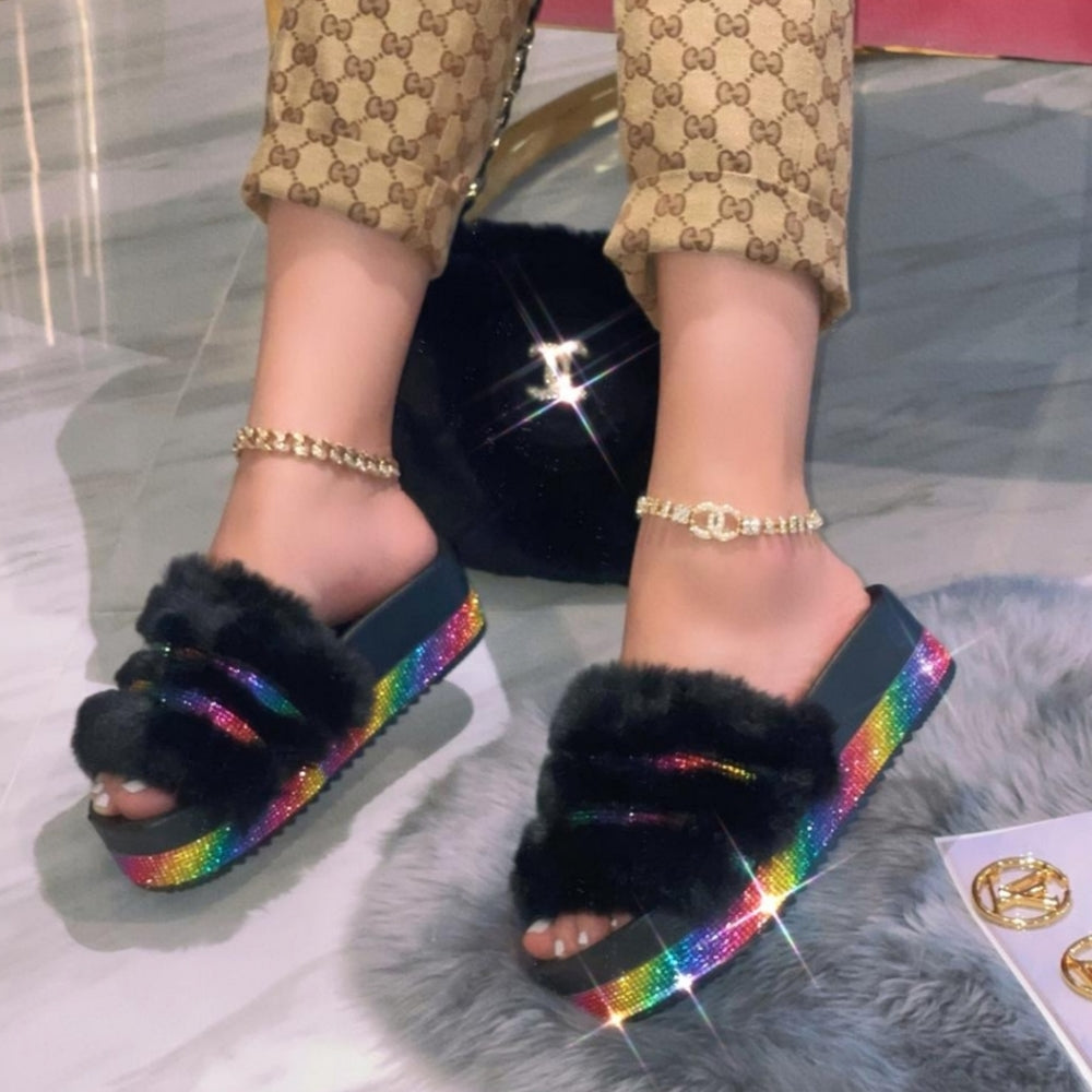 Just In Rainbow Rhinestone Fur Sandal