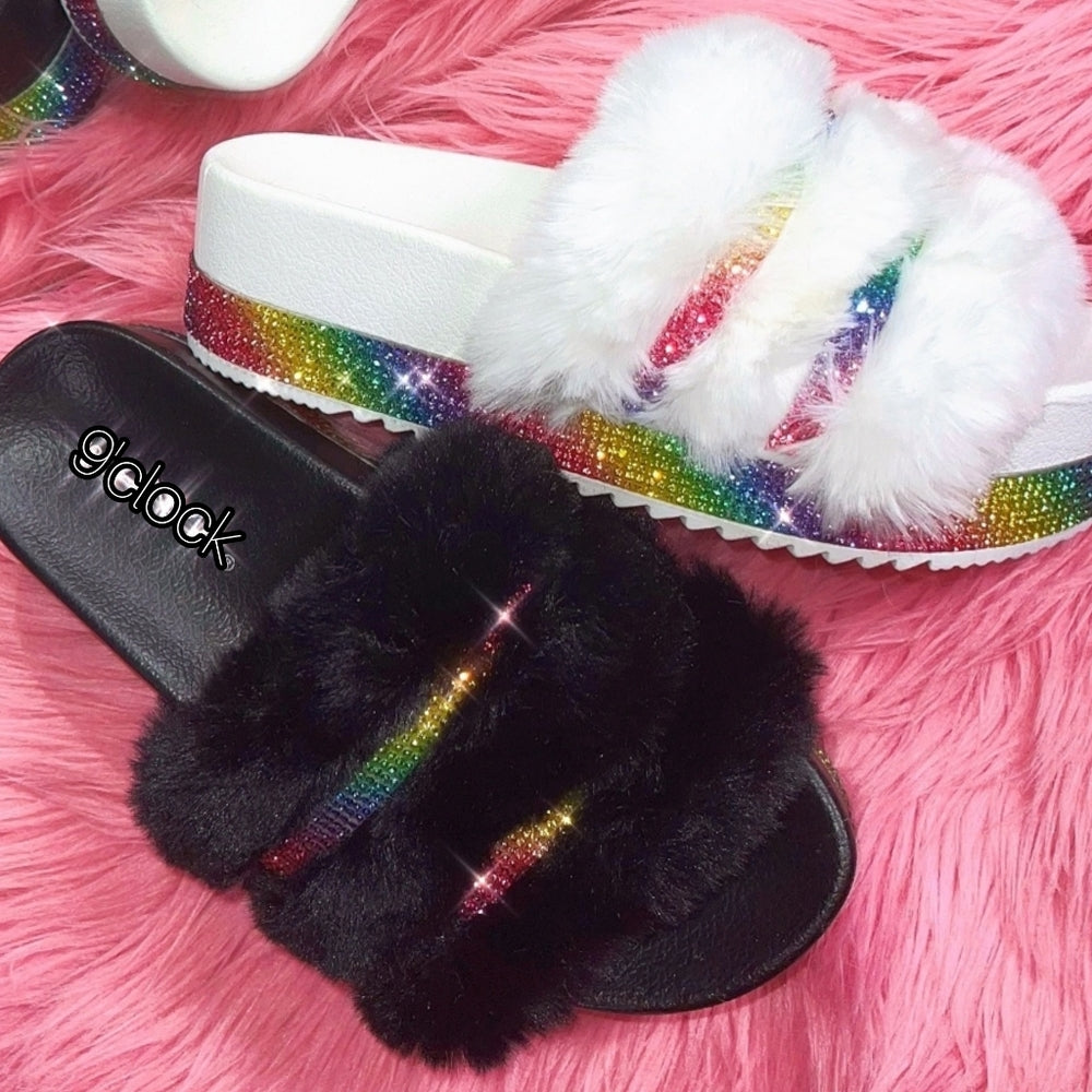 Just In Rainbow Rhinestone Fur Sandal