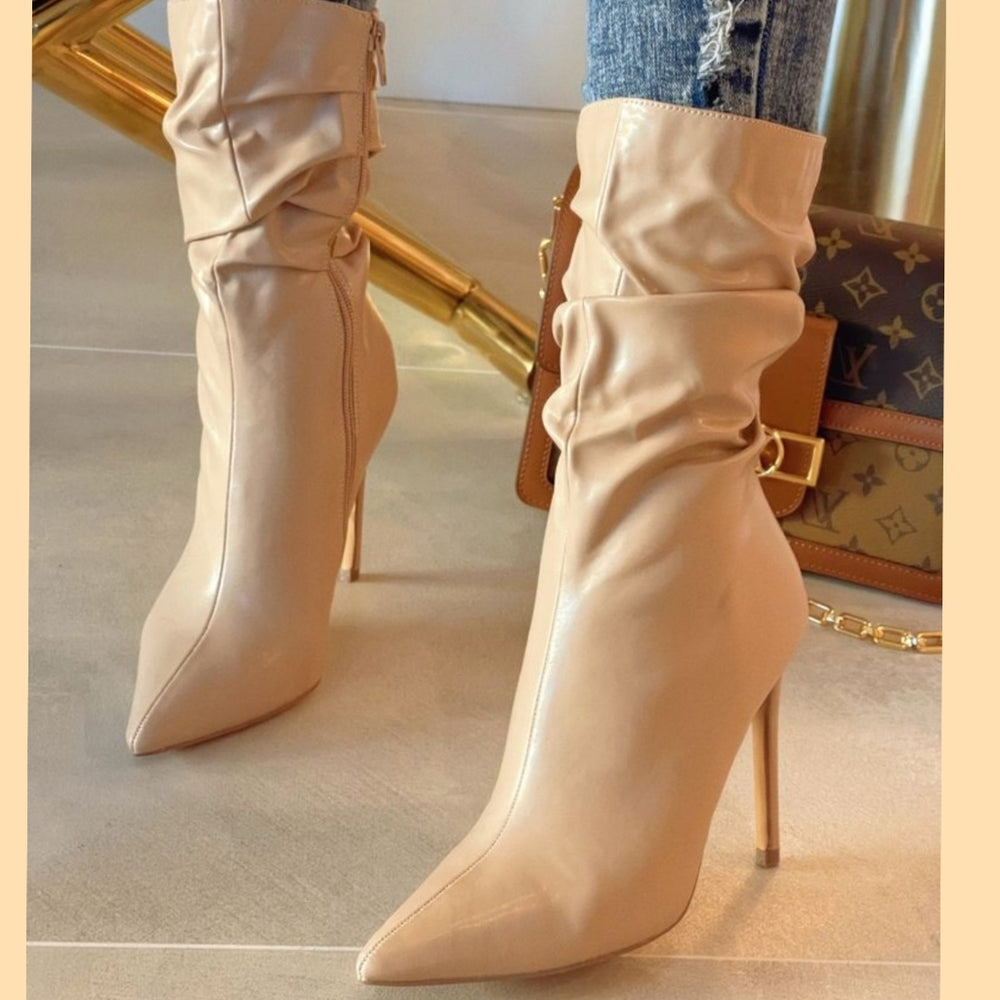 ❤Just In ❤Pointed Toe Pu Short Boots High Heel Ankle slouchy Booties Nud…