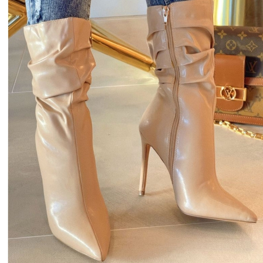 ❤Just In ❤Pointed Toe Pu Short Boots High Heel Ankle slouchy Booties Nud…