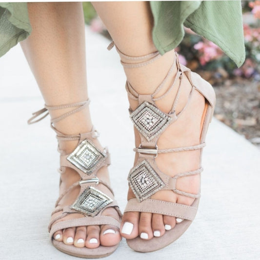 5.5TAUPE RHINESTONE TIEUP GLADIATOR SANDAL