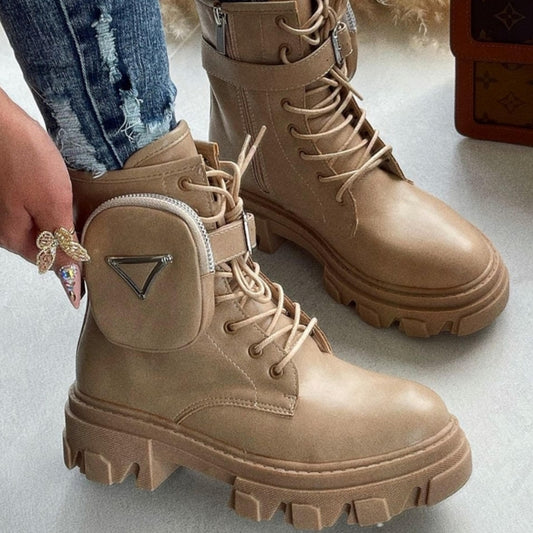 Zip Pocket Combat Booties Nude