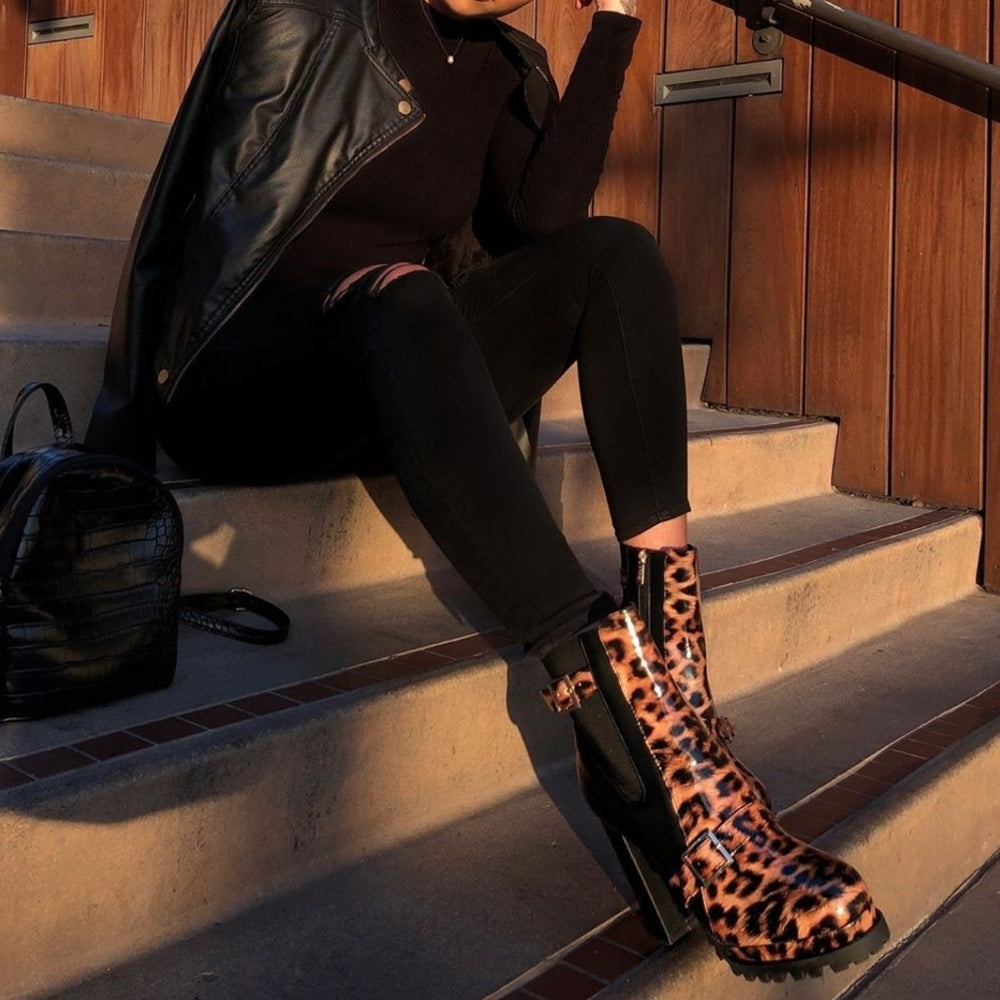 Sexy Leopard Combat chunky Block High Heel