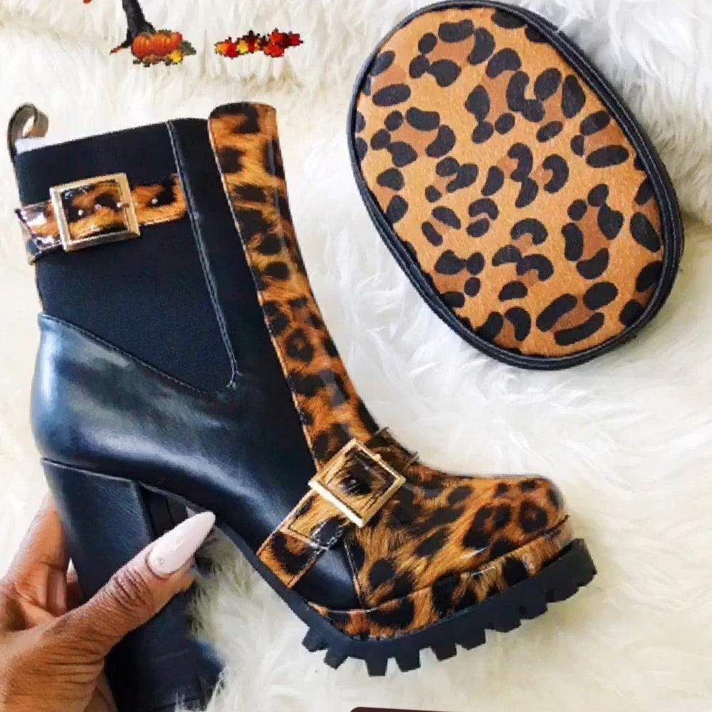 Sexy Leopard Combat chunky Block High Heel