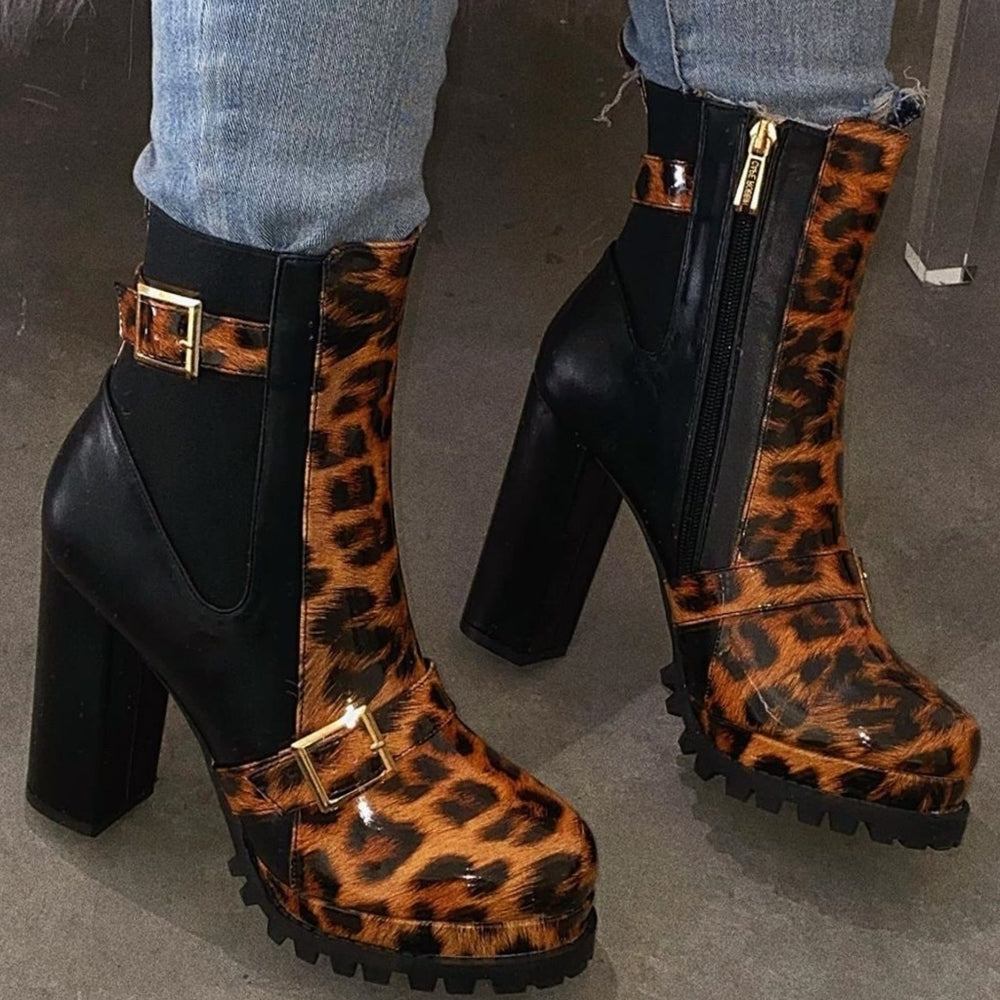 Sexy Leopard Combat chunky Block High Heel