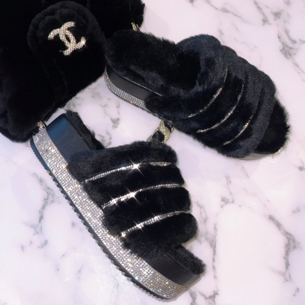 Just In 💓Rhinestone Fur Sandal - BLACK