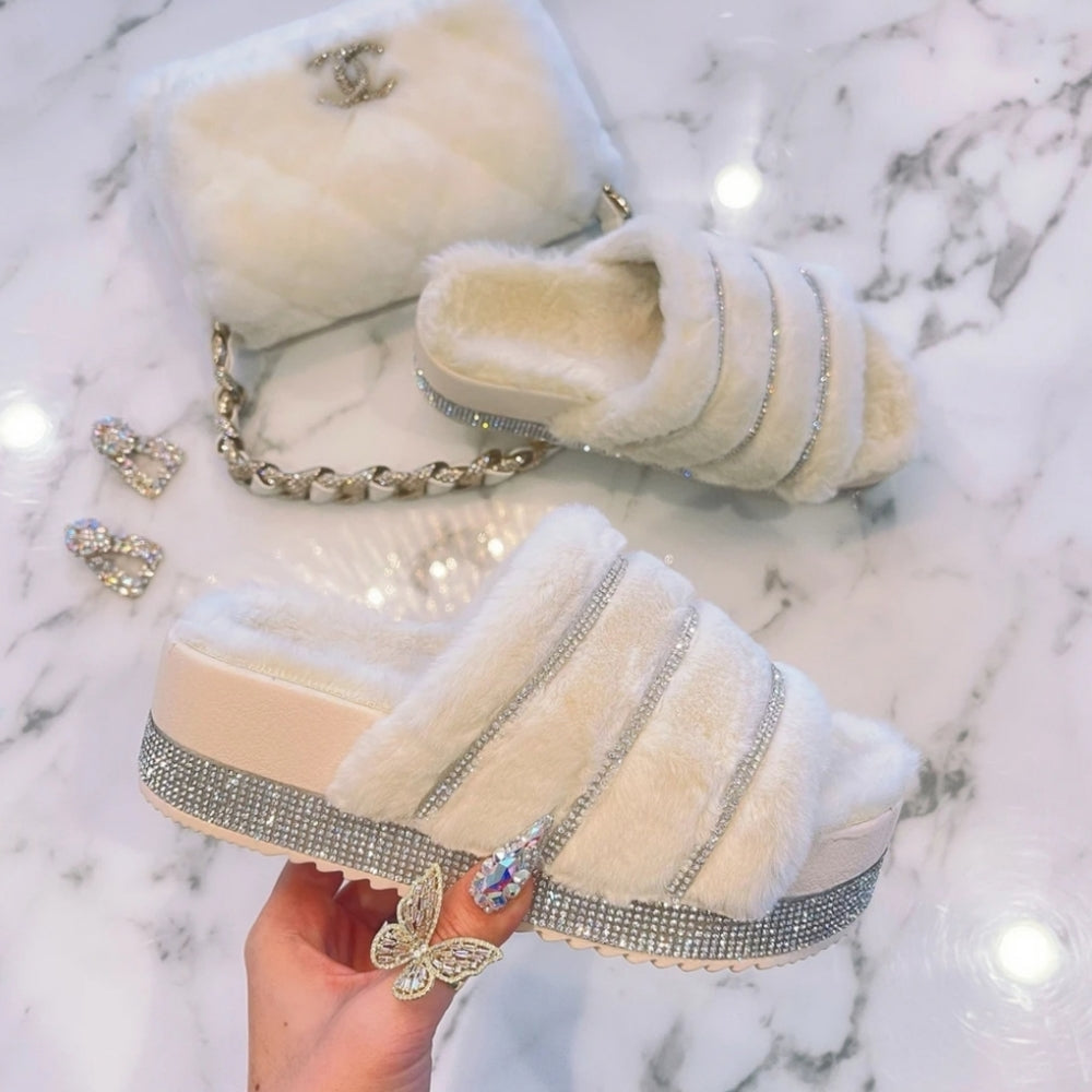 💕Just In💕Rhinestone Fur Sandal - Beige