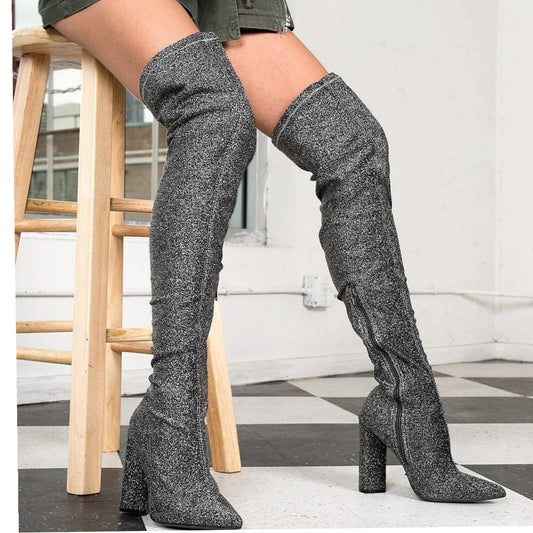 Last 7 pewter Stretch Lurex Thigh High Boots