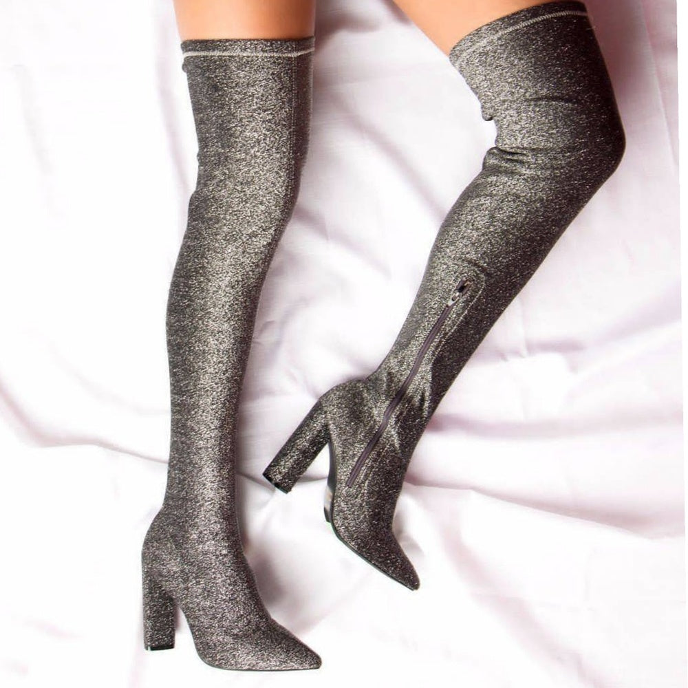 Last 7 pewter Stretch Lurex Thigh High Boots