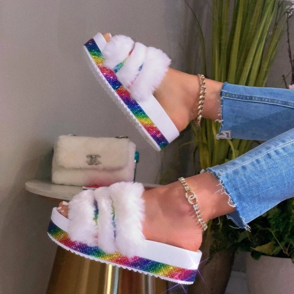 💓Just In 💓 Rainbow Rhinestone Fur Sandal - White