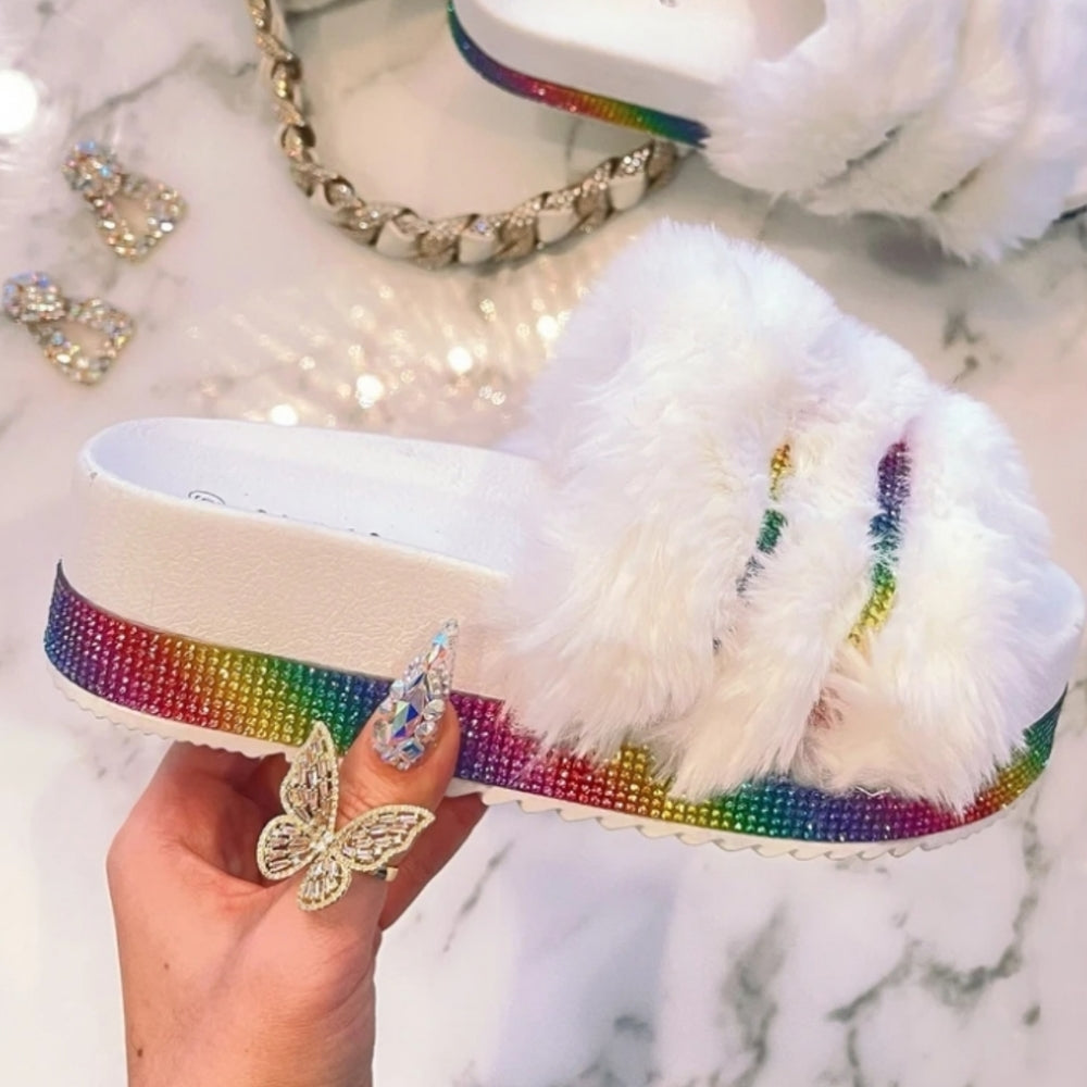 💓Just In 💓 Rainbow Rhinestone Fur Sandal - White