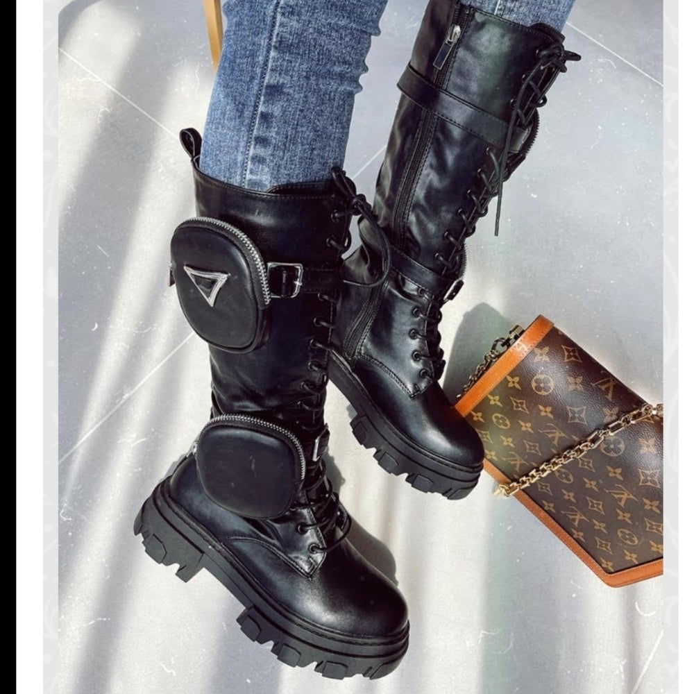 Zip-Pocket Tall Combat BootsBlack