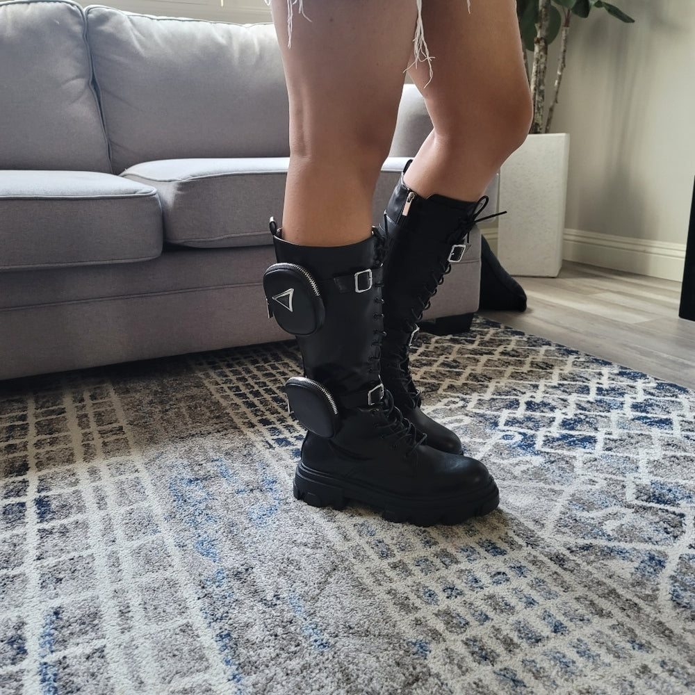 Zip-Pocket Tall Combat BootsBlack