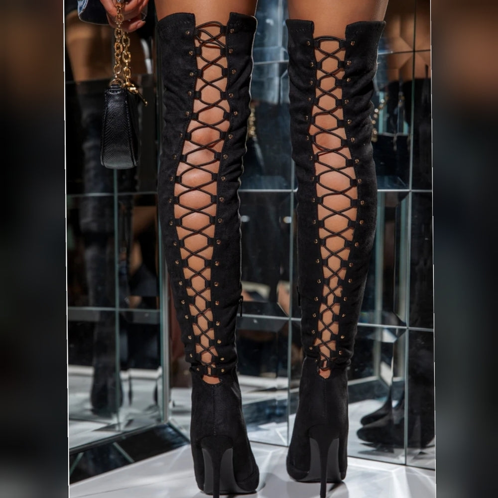 ❤BEST SELLER ❤ dolls Black Faux Suede Thigh High Lace U