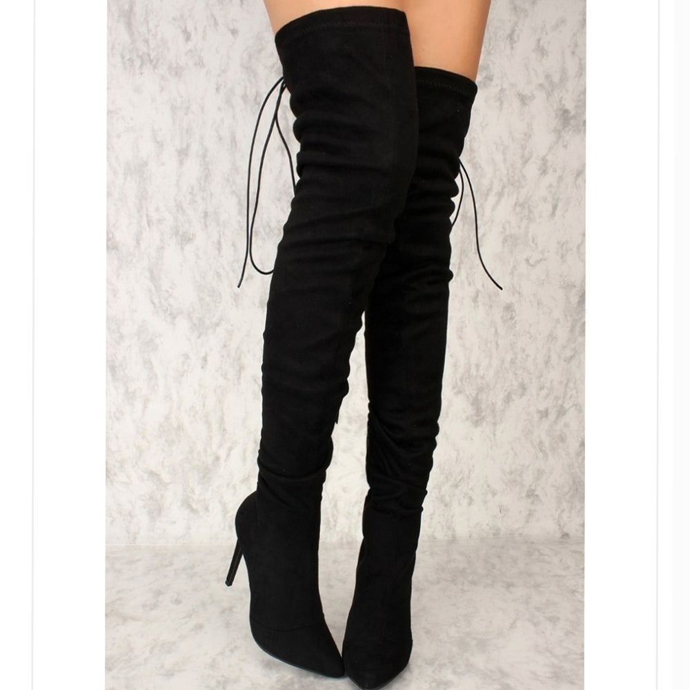 ❤BEST SELLER ❤ dolls Black Faux Suede Thigh High Lace U