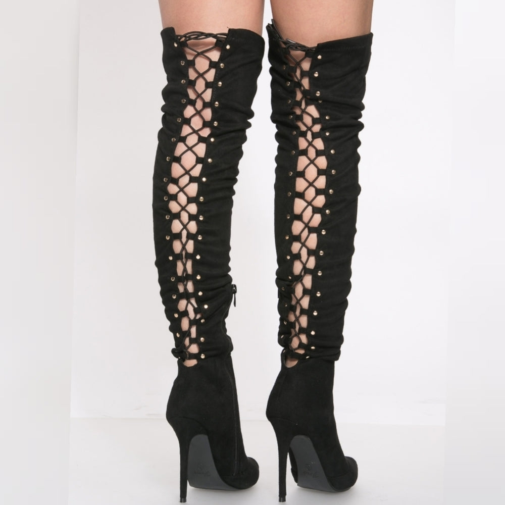 ❤BEST SELLER ❤ dolls Black Faux Suede Thigh High Lace U